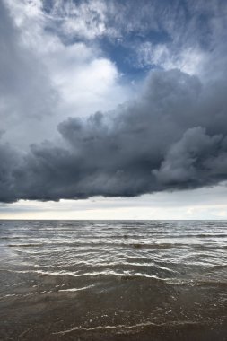 Gün batımında fırtınadan sonra Baltık Denizi kıyısında bir sürü koyu renkli kümülüs bulutu olan açık bir gökyüzü. Dramatik bulut manzarası. Resimli bir manzara var. Kararsız hava, mevsimler, iklim değişikliği