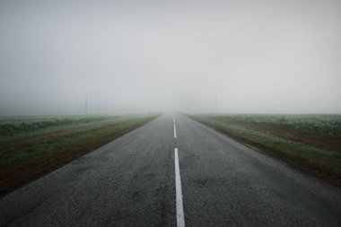 Gün doğumunda yoğun bir sis altında tarlalar ve ormanın içinden (asfalt yol) boş bir otoyol. Atmosferik manzara. Idyllic kırsal kesim. Karanlık, sonbahar mevsimi, kararsız hava, tehlikeli sürüş, yolculuk