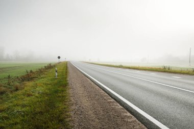 Gün doğumunda sisli bir havada boş otobanın arabasından ormana ve tarlalara doğru panoramik bir manzara. Avrupa. Ulaşım, lojistik, seyahat, yolculuk, özgürlük, sürüş. Kırsal alan
