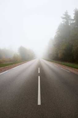 Yoğun siste boş asfalt yolu (karayolu). Kentsel sonbahar manzarası kavramı. Ulaşım, tehlikeli sürüş, hız, özgürlük, seyahat, turizm, tatiller, boşluk, yalnızlık, yol