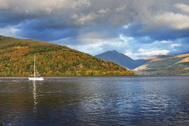 Loch Fyne yakınlarındaki sahil, orman ve tepelerin manzarası. Beyaz yelkenli yatla yakın plan. Inveraray, Inner Hebrides, Argyll ve Bute, İskoçya, İngiltere