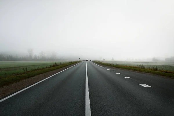 Panoramic View Car Empty Highway Fields Forest Fog Sunrise Europe — Stock Photo, Image