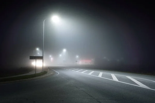 全景照明的新公路在夜雾中 街道灯火通明 月光下 黑暗的城市场景 公路旅行 — 图库照片