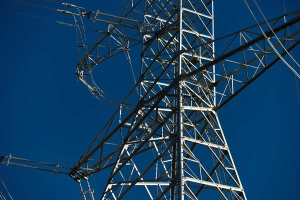 Electricity Power Line Clear Blue Sky Close Concept Urban Landscape — Stock Photo, Image