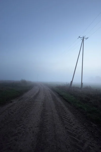 Landelijke Weg Met Trekkersporen Bij Zonsopgang Elektriciteitsleiding Close Maanlicht Mist — Stockfoto