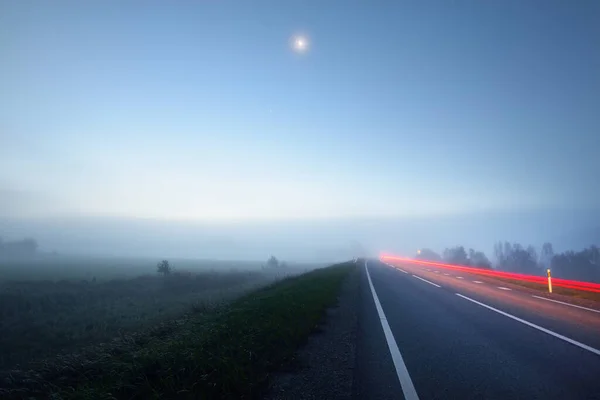 Panoramic View Empty Highway Fields Fog Night Moonlight Sunrise Europe — Stock Photo, Image