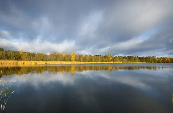 Panoramautsikt Över Skogssjön Dramatisk Himmel Vid Soluppgången Prydnads Färgglada Cumulus — Stockfoto
