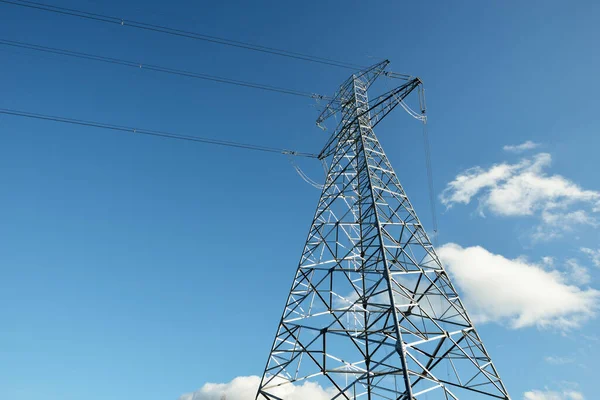 Electricity Power Line Clear Blue Sky Close Concept Urban Landscape — Stock Photo, Image