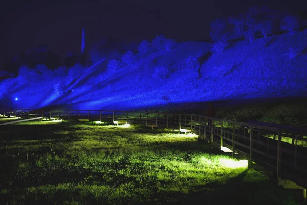 Erleuchtete Hügel Und Bäume Einem Geheimnisvollen Blauen Licht Der Nacht — Stockfoto