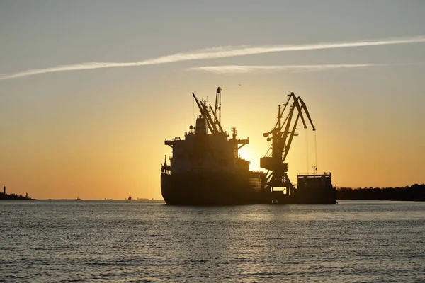 Gran Buque Carga Granelero Anclado Puerto Atardecer Cerca Grúas Fondo — Foto de Stock