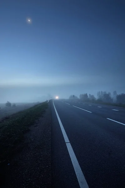 Panoramic View Empty Highway Fields Fog Night Moonlight Clear Sky — Stock Photo, Image