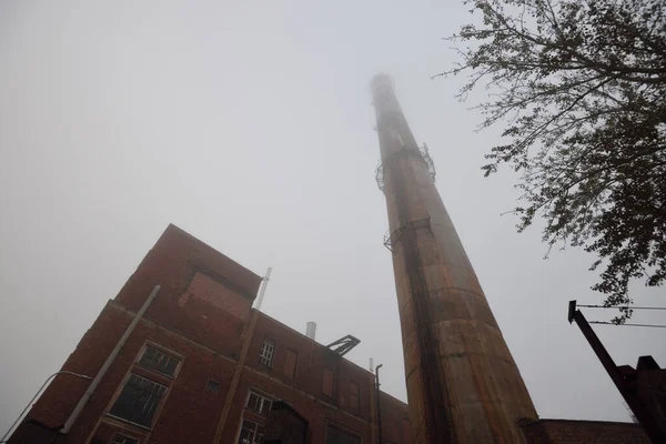 Old Red Brick Building Pipe Factory Fog Concept Urban Scene — Stock Photo, Image