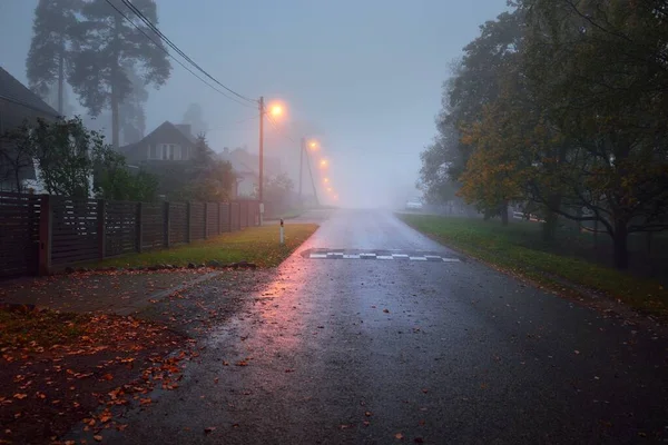 秋天的雨天 一条空旷的 灯火通明的乡间沥青路穿过树林和村庄 街道灯火通明 灯火通明 公路旅行 — 图库照片
