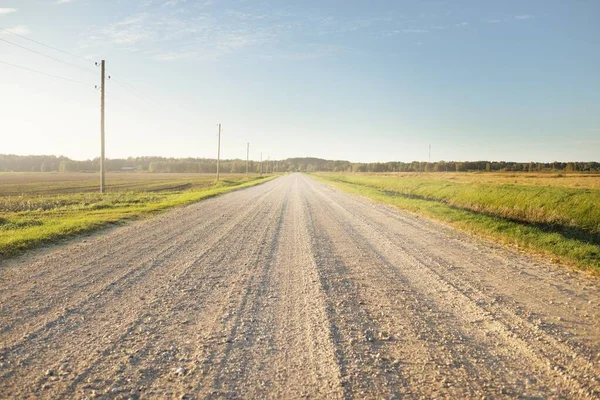 Een Lege Landweg Door Groene Omgeploegde Landbouwvelden Bij Zonsondergang Transformatorpalen — Stockfoto