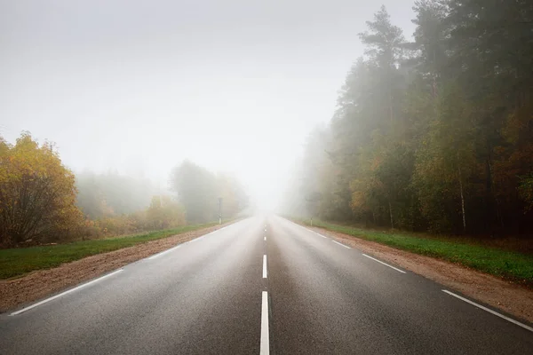在浓雾中 柏油路 城市秋季景观的概念 危险驾驶 前进的道路 — 图库照片