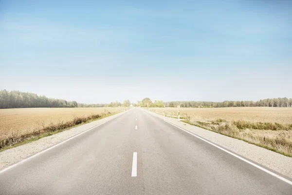 Kraj Asfaltowej Drogi Autostrady Przez Pole Las Jasny Dzień Ciepłe — Zdjęcie stockowe