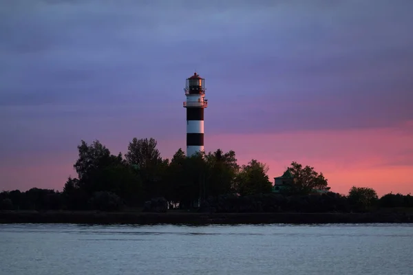 Black White Lighthouse Sunset Dramatic Sky Colorful Clouds Baltic Sea — Stock Photo, Image