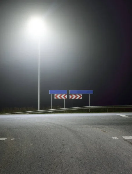 Panoramic View Illuminated New Highway Fog Night Street Sign Lights — Stock Photo, Image