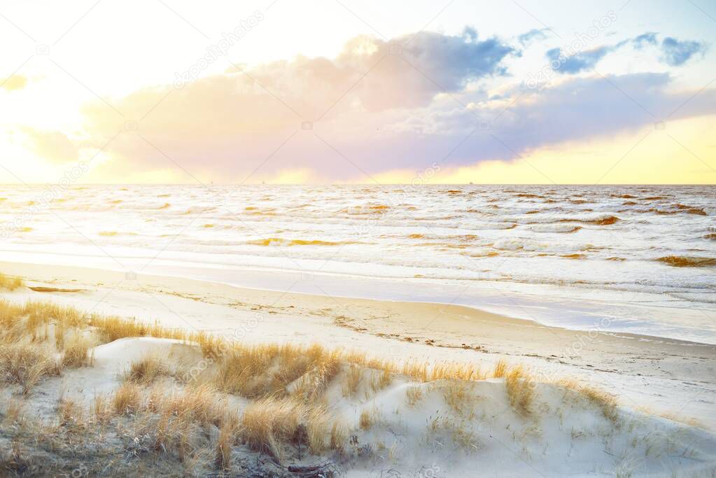 Aerial view of the Baltic sea shore at sunset. Sand dunes and plants close-up. Colorful evening clouds. Waves and water splashes. Idyllic seascape. Latvia