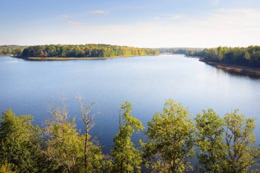 Ormanın panoramik hava manzarası ve mavi bir nehir. Açık gökyüzü, saf sıcak sabah güneşi. Renkli altın ağaçlar yakın plan. Letonya 'da sonbaharın başlarında. Idyllic kırsal alanı