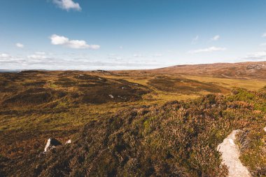 Islay Adası 'nın kayalık kıyıları ve vadilerin panoramik manzarası. Inner Hebrides, İskoçya, İngiltere. Idyllic manzara. Seyahat yerleri, ulusal dönüm noktası, eğlence, çevresel koruma