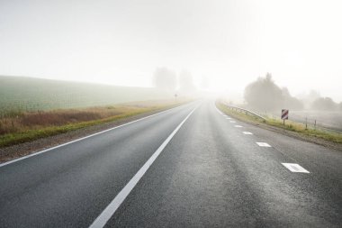 Gün doğumunda sisli bir havada boş otobanın arabasından ormana ve tarlalara doğru panoramik bir manzara. Avrupa. Ulaşım, lojistik, seyahat, yolculuk, özgürlük, sürüş. Kırsal alan