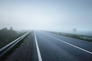 Gün doğumunda sisli bir havada boş otobanın tarlalar ve ormanlar arasındaki panoramik görüntüsü. Avrupa. Ulaşım, lojistik, seyahat, yolculuk, özgürlük, sürüş. Kırsal alan