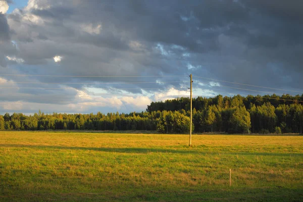 Green Field Forest Rain Transformer Pole Close Dramatic Sunset Sky — Stock Photo, Image