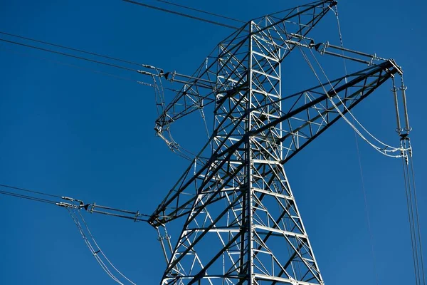 Electricity Power Line Clear Blue Sky Close Concept Urban Landscape — Stock Photo, Image