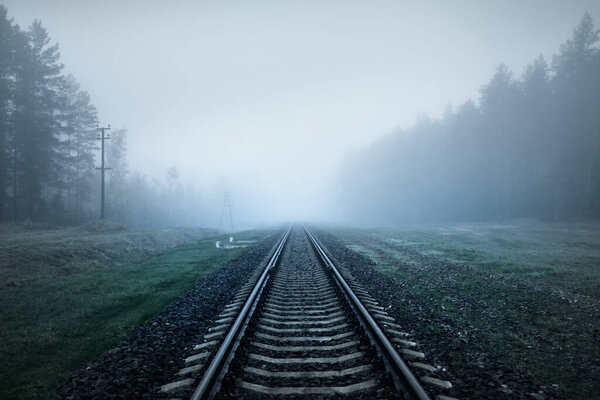 Железнодорожная трасса в густом белом тумане, лес на заднем плане. Концептуальный пейзаж. Грузовые и пассажирские перевозки, промышленность, бизнес, коммуникации, экологический ущерб. Монохром, тайна