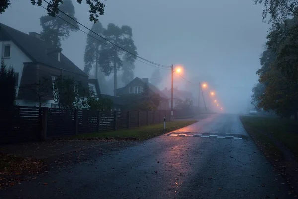 雨の秋の日に霧の中で木々や村を介して空の照明国のアスファルトの道路 街路灯を閉じると 赤の光 道路の旅 — ストック写真