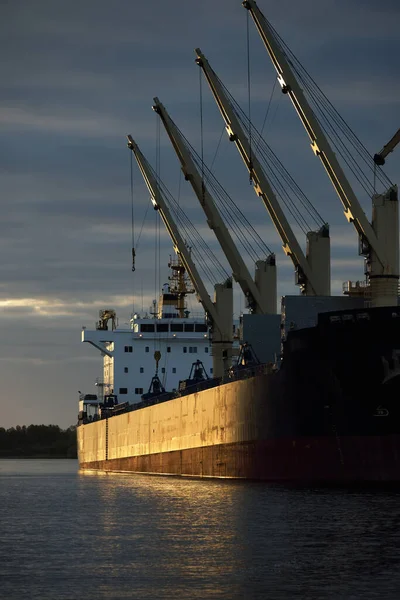 Großes Frachtschiff Massengutfrachter Das Bei Sonnenuntergang Hafen Ankert Nahaufnahme Kraniche — Stockfoto