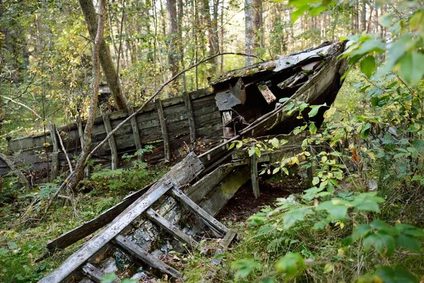 Stará Opuštěná Dřevěná Rybářská Loď Lese Zblízka Hřbitov Lodí Mazirbe — Stock fotografie