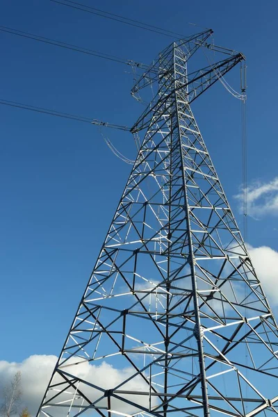 Electricity Power Line Clear Blue Sky Close Concept Urban Landscape — Stock Photo, Image