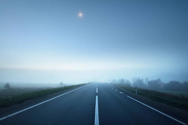 Panoramic View Empty Highway Fields Fog Night Moonlight Clear Sky — Stock Photo, Image