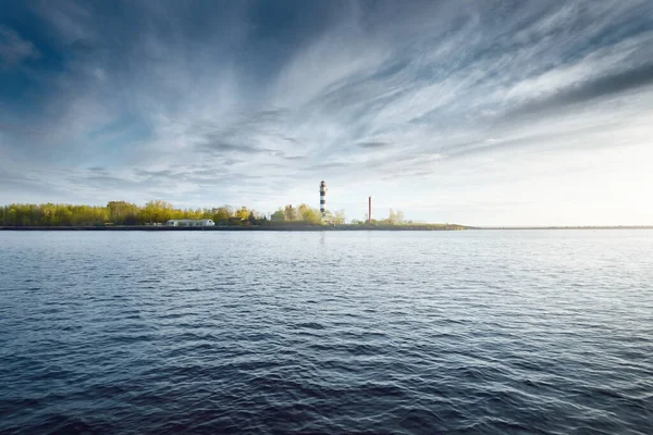 Baltic Sea Lighthouse Rain Sunset Dramatic Blue Sky Cirrus Clouds — Stock Photo, Image