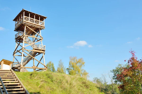 Low Angle View Stairway Modern Wooden Bird Watching Tower Lake — Stock Photo, Image