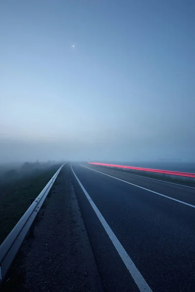 Panoramic View Empty Highway Fields Fog Night Moonlight Sunrise Europe — Stock Photo, Image