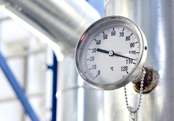 Industrial thermometer in boiler room — Stock Photo, Image