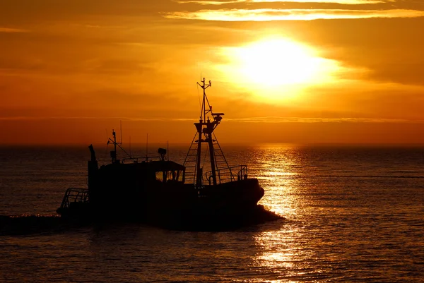 Silhouette eines Lotsenschiffes bei Sonnenuntergang — Stockfoto