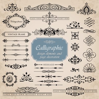 3 sayfa süsleme ve kaligrafi tasarım öğeleri kümesi