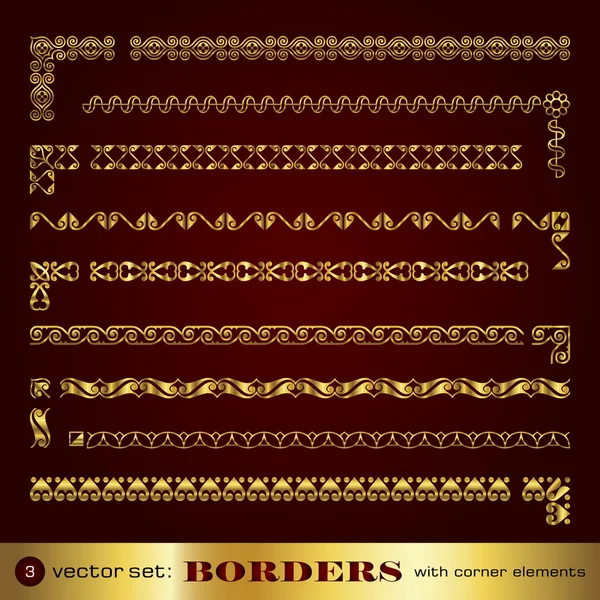 Fronteras con elementos de esquina en oro - set 3 — Archivo Imágenes Vectoriales