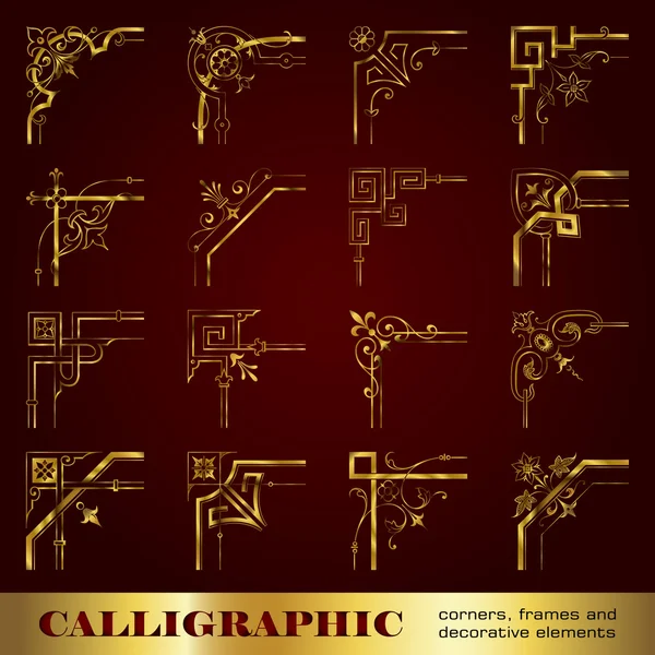 Calligraphic corners, frames and decorative elements in gold — Stock Vector