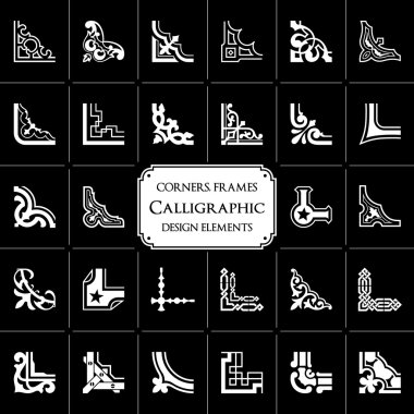 Vector set of 28 calligraphic corners and frames isolated on black background clipart