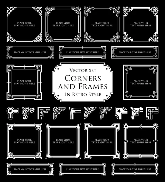 Corners and frames in retro style isolated on black background — Stock Vector