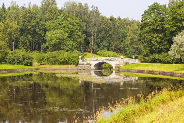 Visconti stone bridge across the river Slavyanka in the park. Pavlovsk. Russia. — Stock Photo, Image