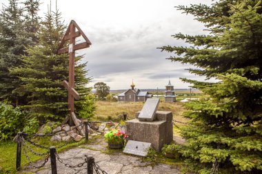 Memorial sign (memorial stone) on the hill on which the Apostle Andrew hoisted the cross. The village of Gruzino. Novgorod region. Russia.Date of shooting September 12, 2020