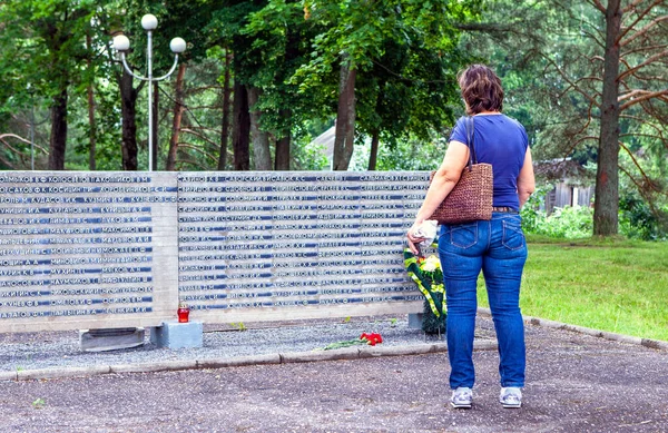 Женщина Бетонной Плиты Именами Захороненных Советских Солдат Мемориальный Комплекс Лидова — стоковое фото