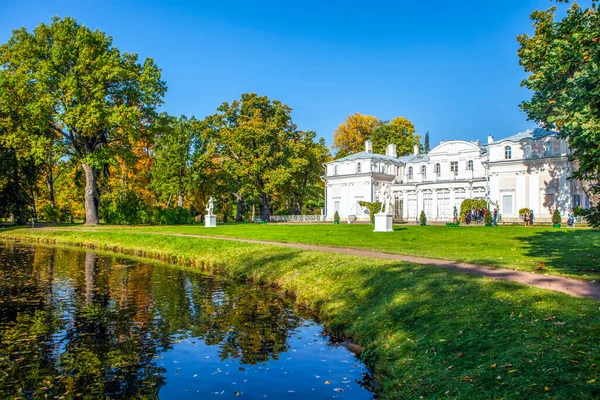 Parc Automne Avec Château Arbres Reflétant Dans Étang — Photo