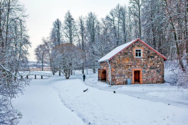 Eski Flax depolama binası. 1870 'lerde, şairin oğlu Grigory Alexandrovich' in saltanatı sırasında inşa edildi. Mikhailovskoe. Puşkin Dağları. Pskov bölgesi. - Rusya. Çekim tarihi 22 Aralık 2018